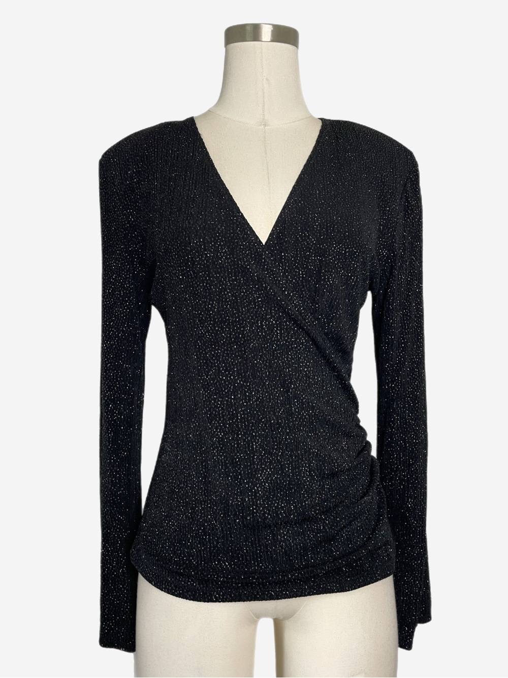 Vintage 90s JR Nites black glitter faux wrap long sleeve blouse holiday XS/S
